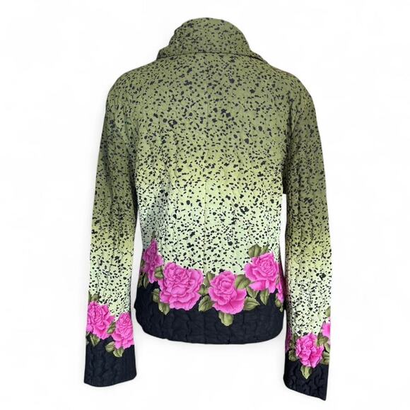 Quilted Green Pink Floral Jacket Wearable Art Bright Print Puff Texture Zip Up - Picture 7 of 8